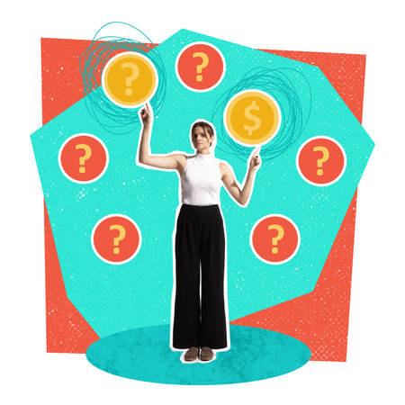 Contemporary art collage. Creative design. Office manager, woman with questions marks symbolizing...