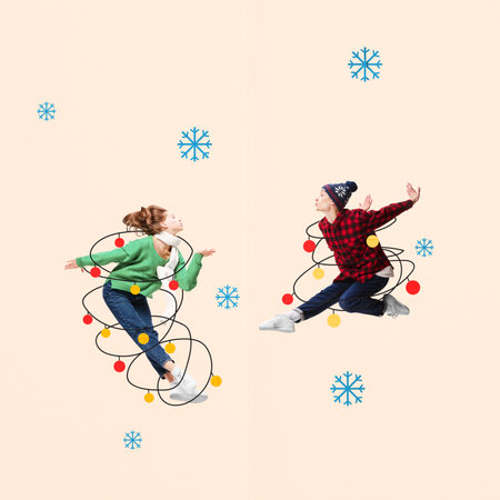 Contemporary art collage. Young ballet dancers in winter clothes jumping over Christmas decorations....