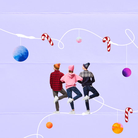 Contemporary art collage. Young cheerful people in winter clothes dancing over purple background. Joyの写真素材