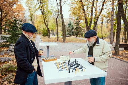 Portrait of two senior men playing chess in the park on a daytime in fall. Free time hobby. Concept of leisure activity, old generationの写真素材