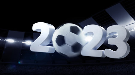 Flight of soccer football ball through dark evening stadium with spotlights. Concept of sport, art,...