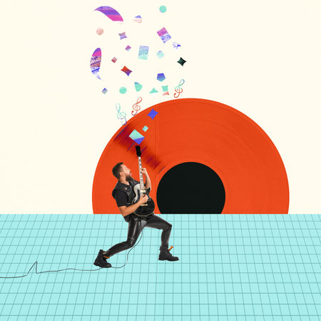 Rock musician. Stylish emotional man playing guitar over abstract background. Collage or design in magazine style. Art, creativity, music, jazz, rock, rock-n-roll and retro style conceptの写真素材