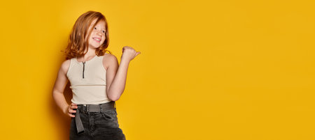 Flyer. Portrait of little stylish girl with long red hair and freckles isolated over bright yellow...