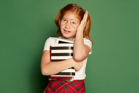 Student or pupil of elementary school wearing modern school uniform posing isolated over dark green background. Happy charming girl, kid with booksの写真素材