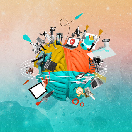 Contemporary art collage. Conceptual design. Brain image with employees around working, developing ideas, making analyticsの写真素材