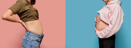 Pregnancy or overweight. Cropped image of male and female body. Models show their bellies each other. Concept of healthy eating, fitness, sport, active lifestyle.の写真素材