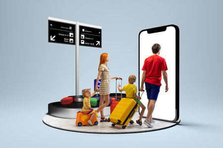 At airport. Happy family going to summer vacation trip using 3d model of phone with empty screen...