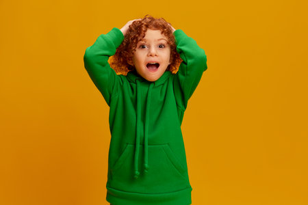 Portrait of cute little girl, child with curly red hair posing with shocked face isolated over yellow background. Surpriseの写真素材