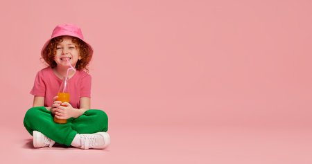 Portrait of cute little girl, child with curly red hair sitting in panama and drinking juice isolated over pink background. Flyerの写真素材