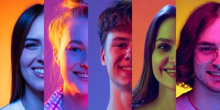 Cropped portraits of young people, men and women expressing different emotions over multicolored background in neon light. Collage made of 5 models looking at camera.の写真素材
