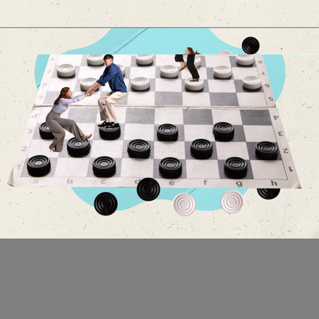 Contemporary art collage. Creative design. Young people playing checkers. Abstract logical game with strategy thinkingの写真素材
