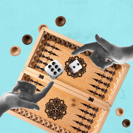 Contemporary art collage. Creative design. Popular game of backgammon. Online gambling games. Throwing dice.の写真素材