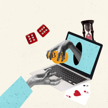 Contemporary art collage. Creative design. Popularity of online games, casino and poker to win money. Betting. Gamblingの写真素材