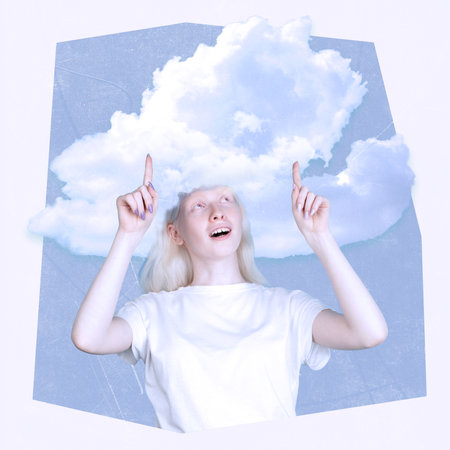 Contemporary art collage. Creative design. Young albino girl having head in the clouds. Surreal...
