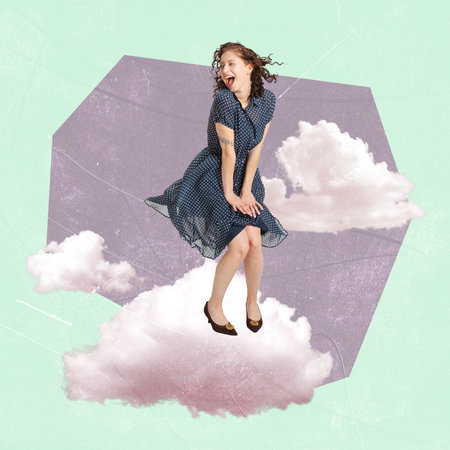 Contemporary art collage. Creative design. Cheerful young woman dancing on the clouds. Happy and excited dreamsの写真素材