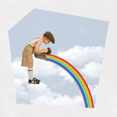 Contemporary art collage. Creative design. Little boy, child pouring rainbow from basket into clouds. Good moodの写真素材