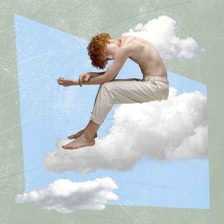 Contemporary art collage. Creative design. Young boy sitting on cloud and thinking. Hidden thoughts and personalityの写真素材