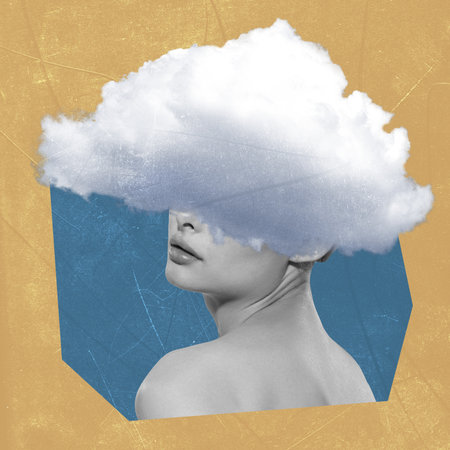 Contemporary art collage. Creative design. Young woman having head in the clouds. Personal thoughts. Psychologyの写真素材