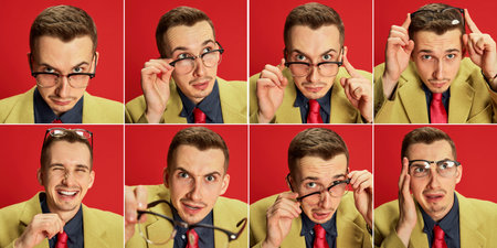 Collage. Portaits of young stylish man, employee in jacket and galsses posing with different...
