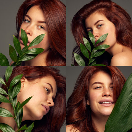Collage. Tender red-haired woman posing with leaves isolated over dark grey background. Concept of skin care, cosmetology, natural hair and skin cosmeticsの写真素材