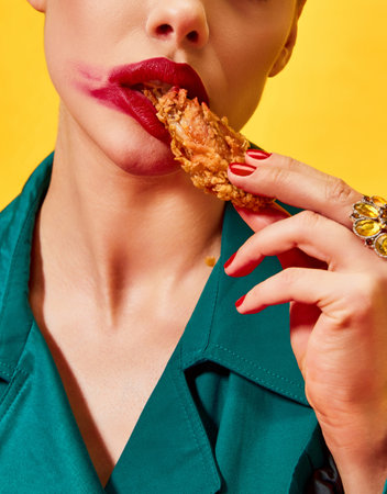 Cropped image of woman in green coat with red lipstick smudge, eating fried chicken, nuggets over...