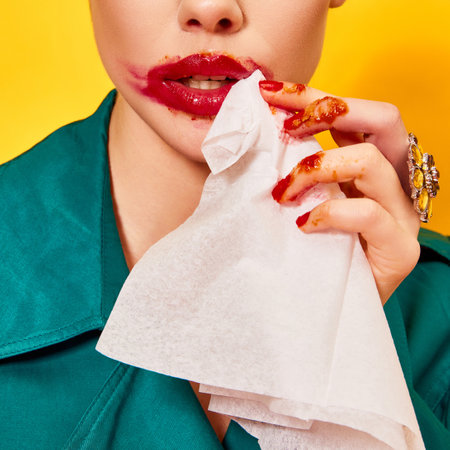 Cropped image of woman in green coat with smudged red lipstick cleaning mouth after eating nuggets over yellow background. Food pop art photography.の写真素材