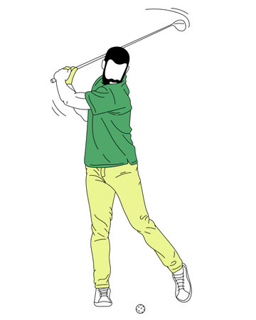 Vector illustration. Man playing golf over white background. Hitting ball. Active gameのイラスト素材