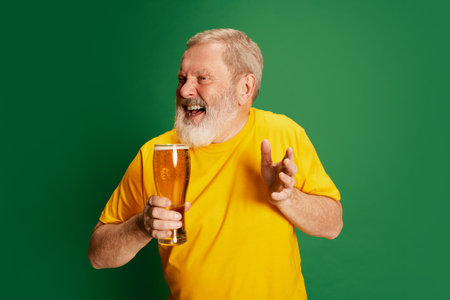 Portrait of senior man in yellow T-shirt posing with lager beer glass, smiling isolated on green background. Football fanの写真素材