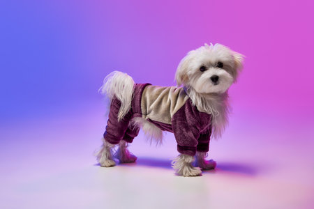 Studio image of cute white Maltese dog posing in a suit isolated over gradient blue purple background in neon lightの写真素材