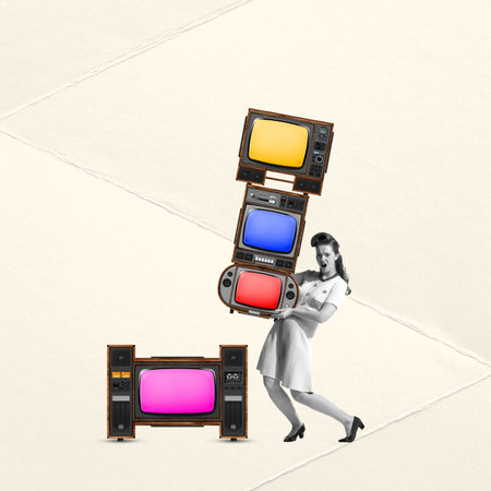 Contemporary art collage. Stylish young woman carrying many retro TV sets over light background. News timeの写真素材