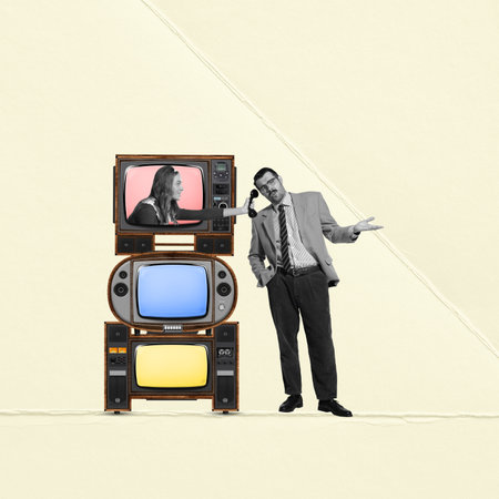 Contemporary art collage. Businessman talking on phone. Woman on retro TV set communicating with man. Television industryの写真素材