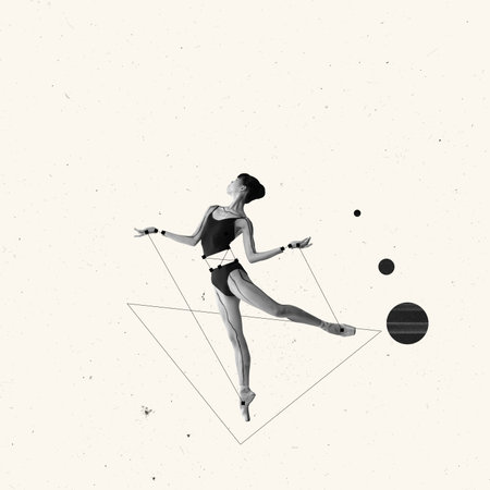 Contemporary art collage. Tender young girl, ballerina on pointe performing in black bodysuit over beige backgroundの写真素材