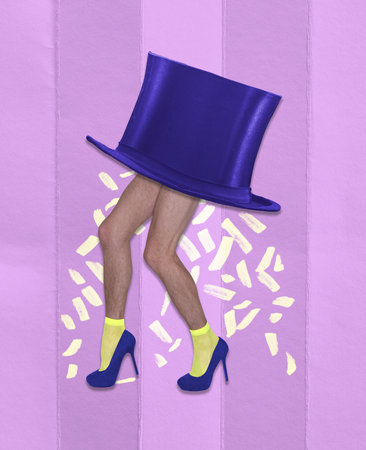 Contemporary art collage. Creative design. Queer. Male legs on heels and hat dancing over purple background. Transgenderの写真素材