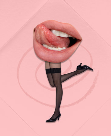 Contemporary art collage. Creative design. Slim female legs with passionate female mouth, lips over pink backgroundの写真素材