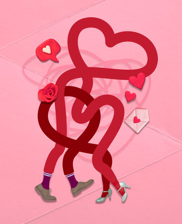 Contemporary art collage. Creative design. Valentines Day. Male and female long legs making hearts...