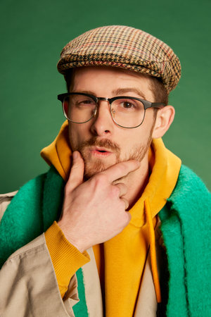 Portrait of young stylish man in trendy clothes, glasses, cap and scarf posing isolated over green background. Attentive lookの写真素材
