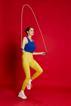 Portrait of young beautiful girl in sportive clothes jumping rope, training over red background....