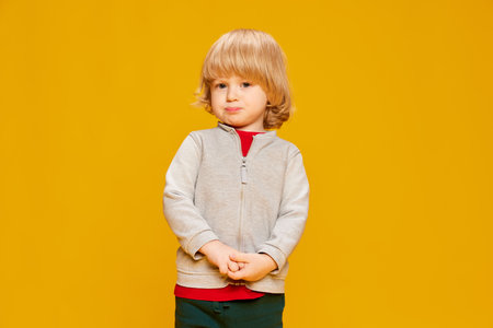 Portrait of cute little boy, child posing with shy expression over yellow studio background....