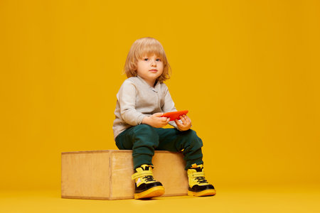 Portrait of little boy, child posing, sitting and playing games on phone over yellow studio background. Concept of childhood, emotionsの写真素材