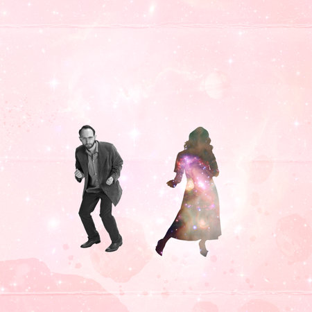 Contemporary art collage. Creative design. Man dancing with female silhouette. Surreal artwork