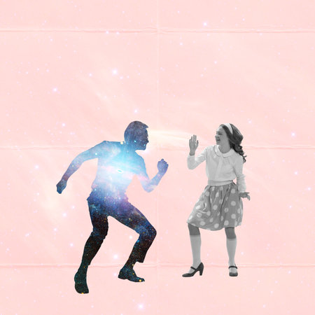 Contemporary art collage. Male silhouette dancing with young girl over pink background. Party and hobbyの写真素材