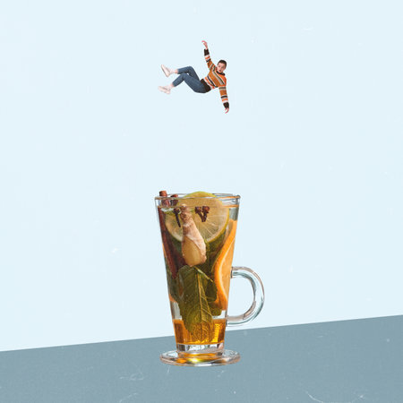 Contemporary art collage. Creative design. Young girl falling into hot ginger tea with honey, mint and citrus. Vitamin mix, winter drinkの写真素材