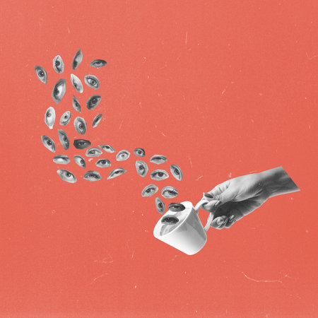 Contemporary art collage. Conceptual image. Human hand throwing many human eyes from coffee cup. Rejection of opinionの写真素材