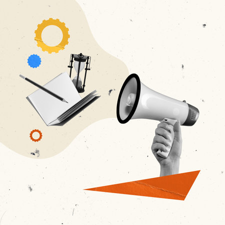 Contemporary art collage. Creative design. Female hand with megaphone. New information, making notesの写真素材