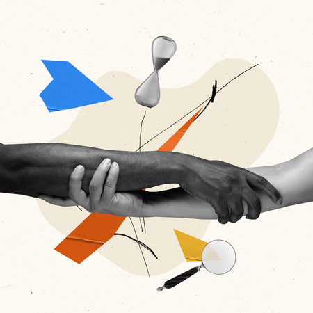 Contemporary art collage. Creative design. Human holding hands symbolizing cooperation and partnershipの写真素材