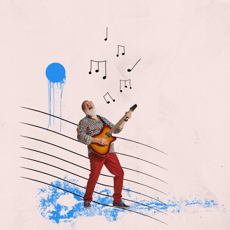 Conceptual contemporary art collage. Senior man singing and playing guitar on light background. Serenadeの写真素材
