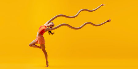 Contemporary art collage. Creative design. Young flexible girl training over orange background. Fitness lifestyleの写真素材