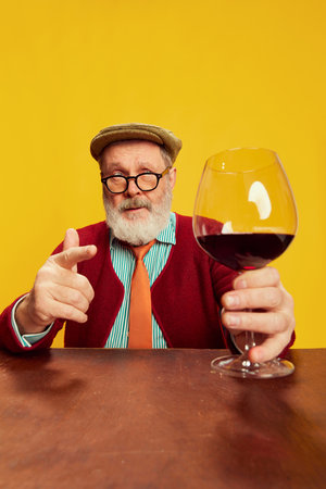 Portrait of senior man in classical clothes, glasses and cap posing with red wine glass over vivid yellow background. Tasteの写真素材