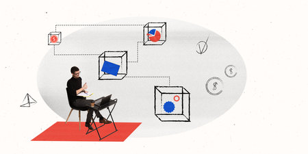 Contemporary art collage. Conceptual design. Employee working, having video call on laptop, making...