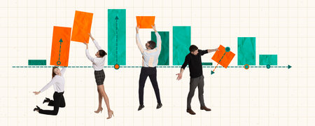 Contemporary art collage. Creative design. Well-coordinated teamwork. Employees working together on...